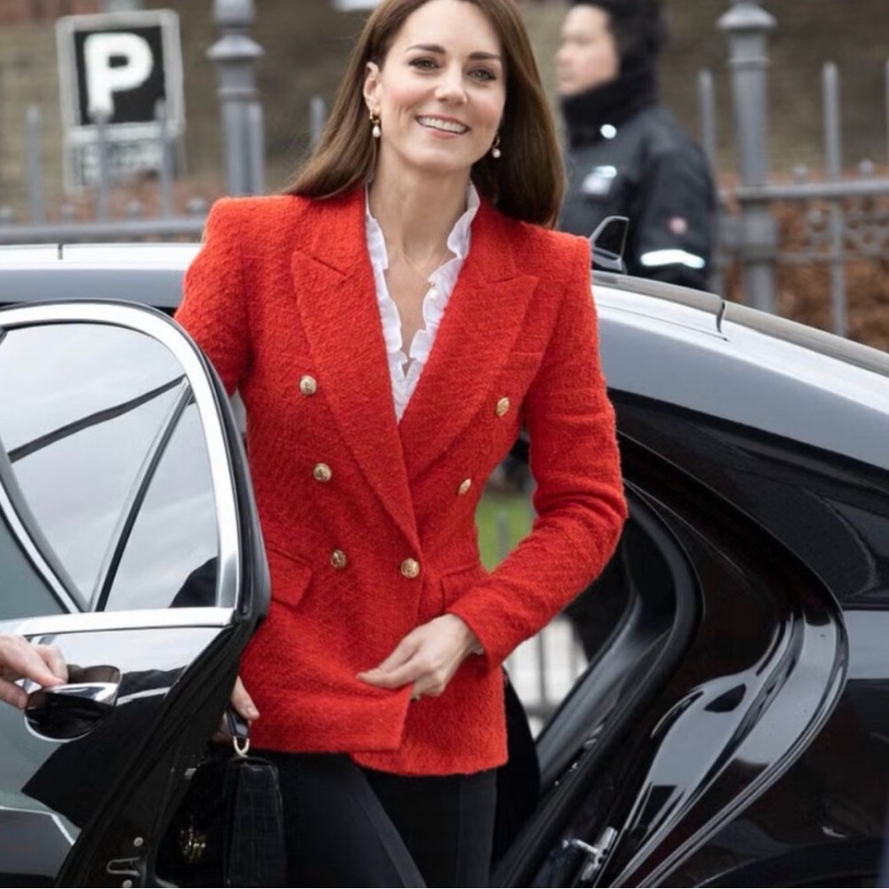 ZARA RED Knotty Knit Textured Tweed Double Breasted Blazer Jacket sz S
